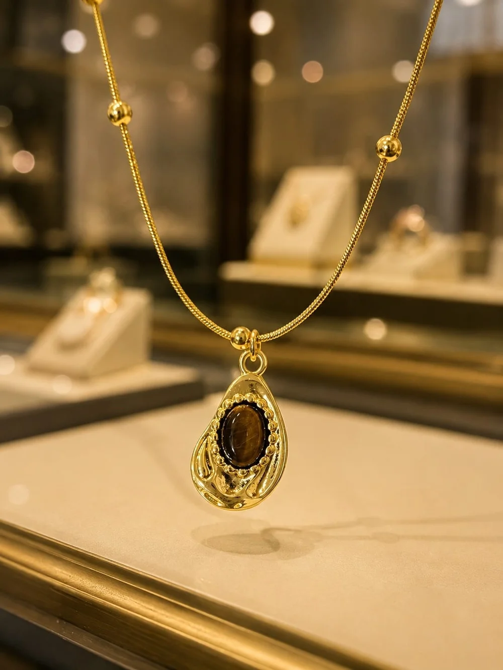 Gold Teardrop Pendant Necklace with Brown Stone - Unbranded